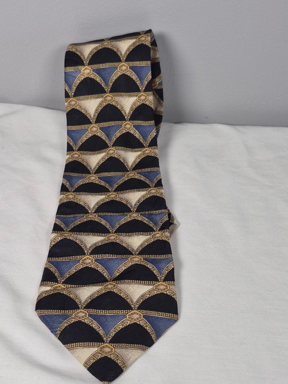 CONTE di MILANO Men's 100% Italian Silk Woven Geometric Tie Blue Gold Arch Long